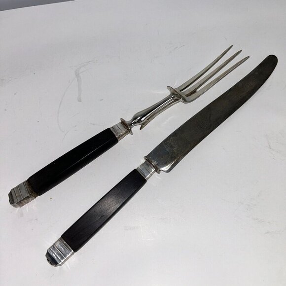 French Paris Silverplate RARE Ebony Two-Piece Carving Set Fork w/ Stand & Knife - Picture 1 of 16